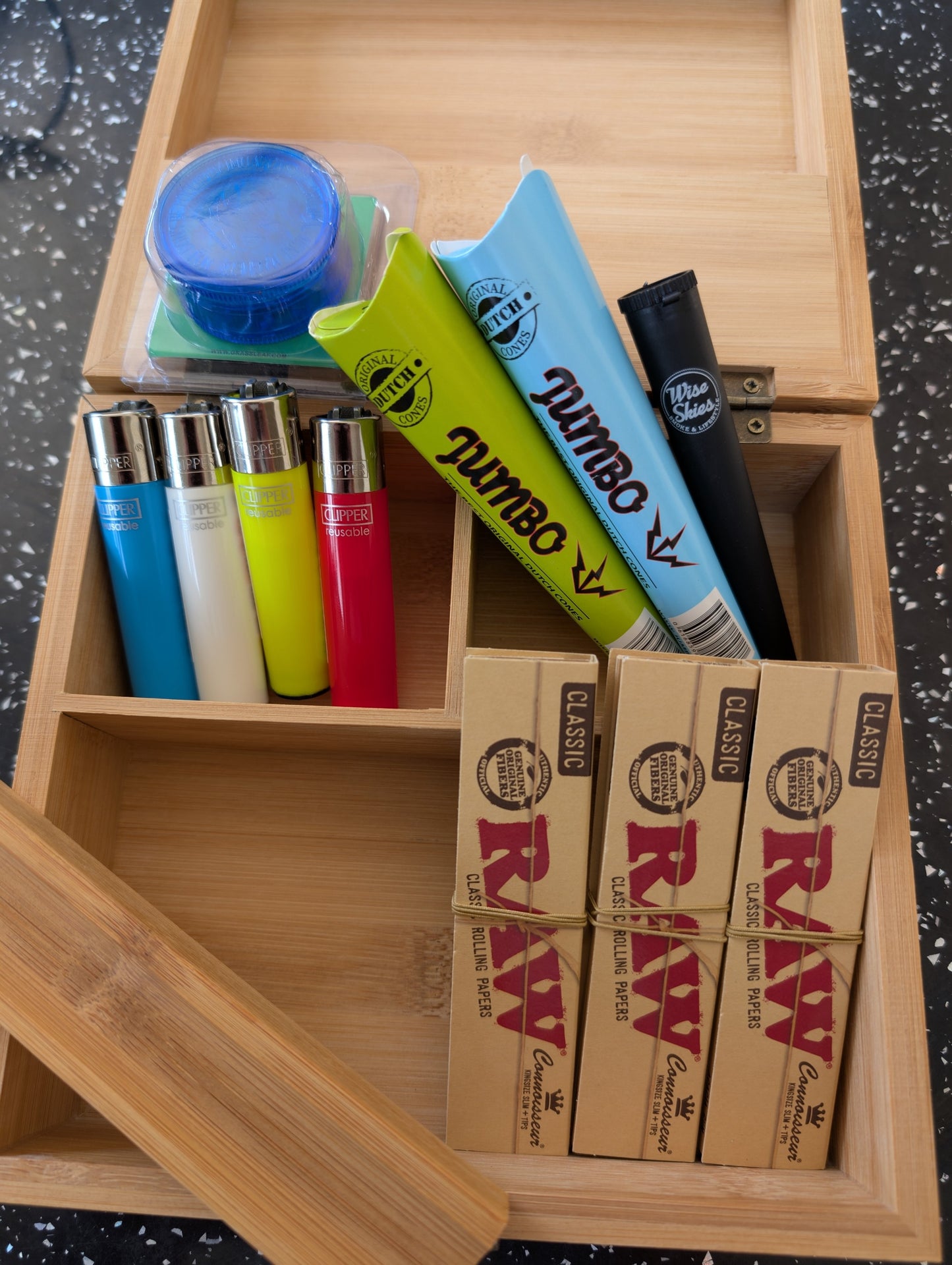 Large Wooden Raw Rolling Box Set with Raw Papers & Clipper Lighters