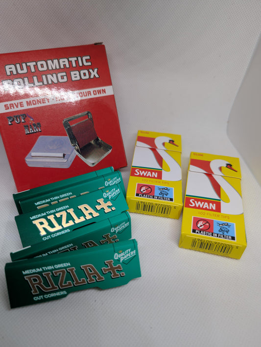 Automatic tobacco rolling machine / box including 2 Packs of Swan Slim tips & 5 x Packs of RIzla Green Standard Rolling Papers