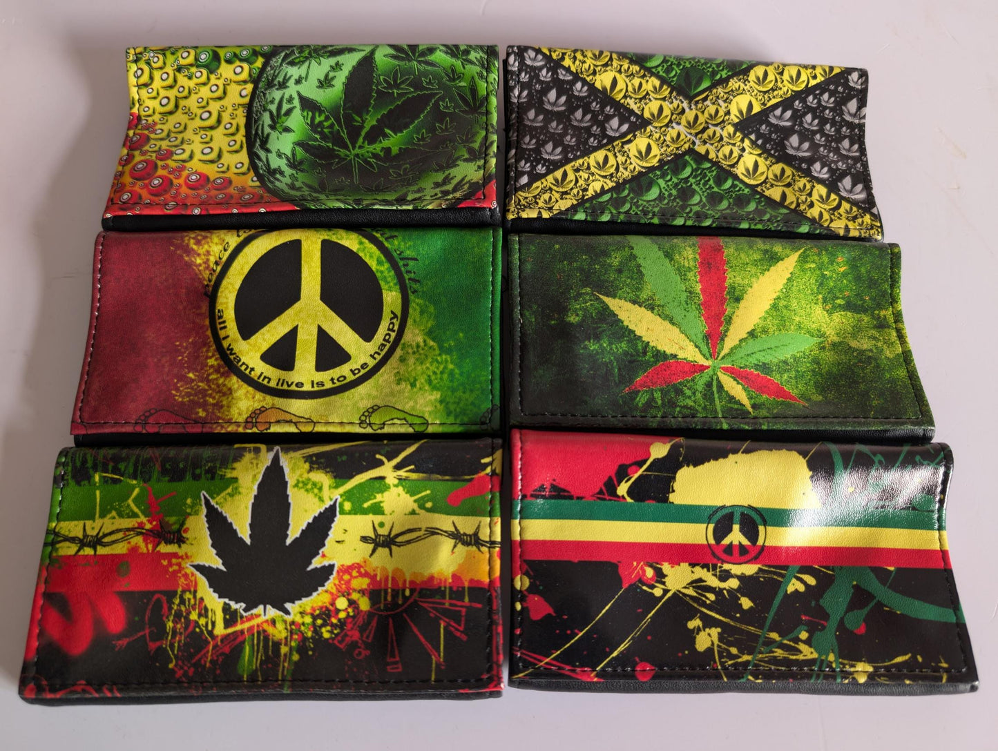 High Quality Faux Leather Tobacco Pouch Featuring Rasta / Leaf / Peace Designs