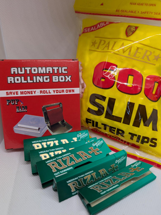 Automatic tobacco rolling machine / box including 600 Palmer Slim tips & 5 x Packs of RIzla Green Standard Rolling Papers