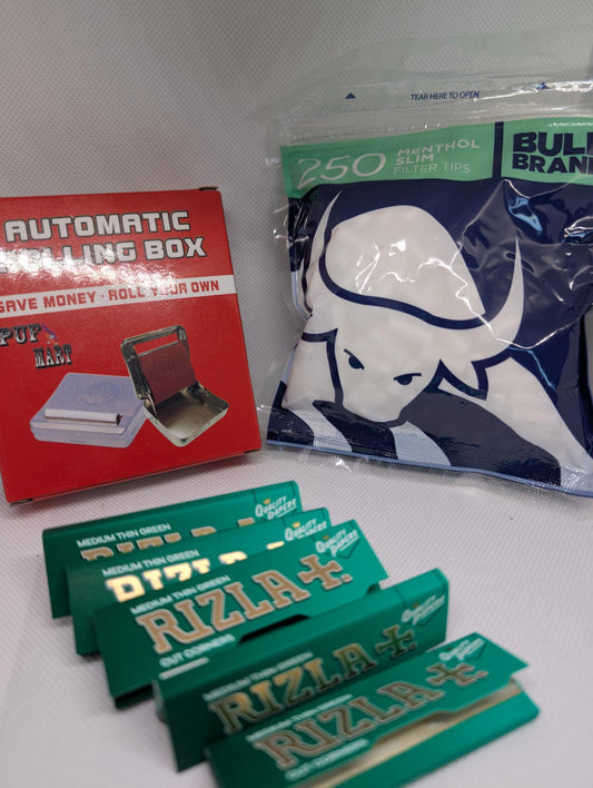 Automatic tobacco rolling machine / box including 250 Bull Brand Menthol Slim tips & 5 x Packs of RIzla Green Standard Rolling Papers