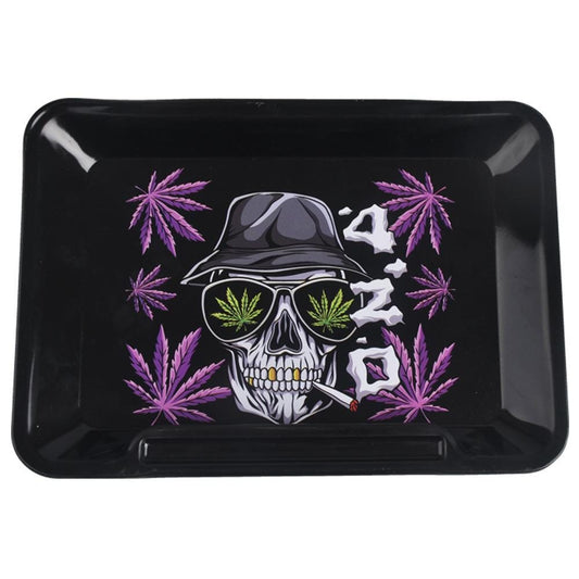Skull 420 Design Metal Rolling Tray by Wise Skies 18x14cm