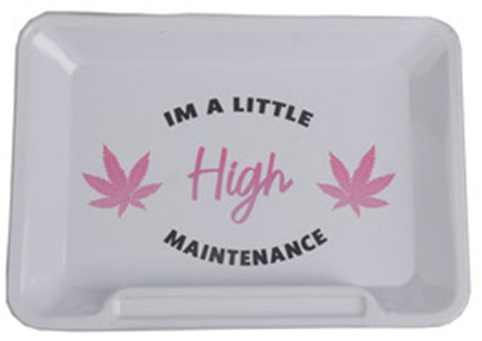 White "High Maintenance" Design Metal Rolling Tray 18x14cm by Wise Skies