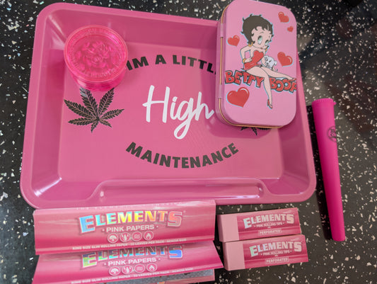 Pretty Pink Rolling Tray Set - I'm a Little high maintenance Wise Skies tray set Pink Elements & a small 1oz Betty Boop Tin