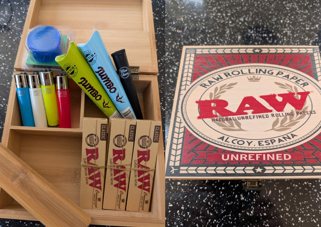 Large Wooden Raw Rolling Box Set with Raw Papers & Clipper Lighters