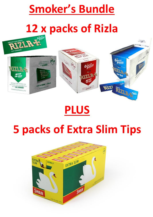 12 Packs of Rizla (600 papers) & 5 Packs of Swan Extra Slim (600 filter tips)